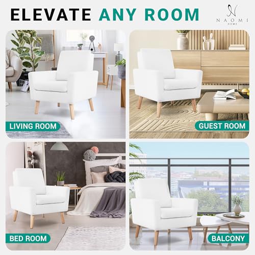 Naomi Home Frida Fleece Minimalist Accent Chair, White | Thick Cushions, Ergonomic Backrest, Solid Oak Legs, Cozy Reading Chair, Modern Living Room Seating - color: White, style: Classic