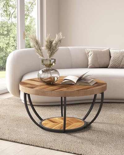 LITTLE TREE Round Coffee Table, 32" Circle Coffee Tables for Living Room | 2-Tier Wood Accent Center Table with Open Storage Industrial Design Home Furniture (Wood Grain and Black) - color: Wood Grain and Black