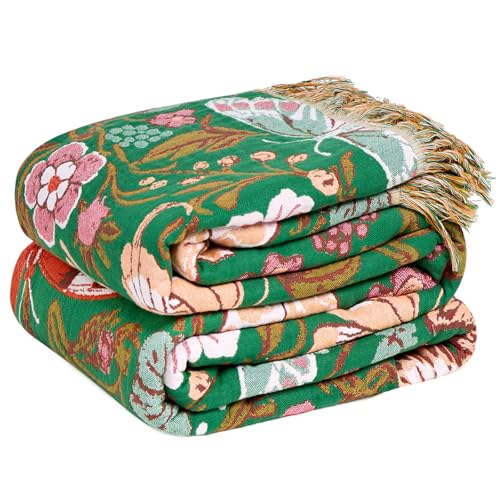 LUTBM Boho Throw Blanket for Bed 60"x80", All Season Cotton Couch Blankets | Green Reversible Floral Butterfly Jacquard, Twin Quilt, For Chair Sofa Bedroom Living Room Decor, Breathable Gauze - color: Butterflies Green, size: 60"×80"