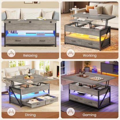 Itaar 40" Lift Top Coffee Table with 2 Drawers Storage for Living Room | Grey 4 in 1 Expandable Coffee Table with 2 Drawers & LED Light & Hidden Compartmen for Dining Living Room Table - color: Grey