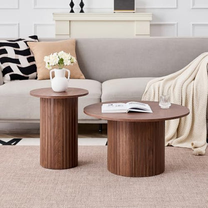 Round Nesting Coffee Table Set of 2 Mid Century Modern Wood Round Coffee Tables with Flexible Small Boho Circle Side Table for Space Saving Living Room Comedor Home Office Bedroom(Brown) - color: 2pcs Brown