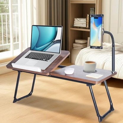 wishacc 28.7" Extra Wide Laptop Lap Desk for Bed and Sofa, Adjustable Bed Desk with Flexible Phone & Tablet Mount, Portable Black Lap Tray Table for Floor Couch Work, 2 Book Clips Included - size: Large