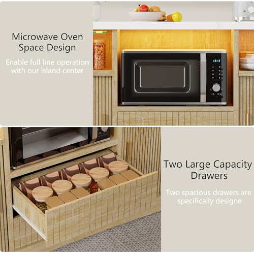 Kitchen Island on Wheels, Rolling Island Cart with Power Outlet | & RGB LED Light, Movable Buffet Cabinet with Fluted Sliding Door, 2 Drawers, Microwave Cart, Large Countertop, Natural - color: Natural