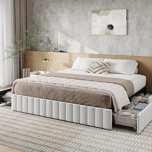 Allewie King Size Platform Bed Frame with 4 Large Storage Drawers, Velvet Vertical Channel Tufted Upholstered Bed Base, Wooden Slats Support, Noise-Free, No Box Spring Needed, Easy Assembly, White - color: White, size: King