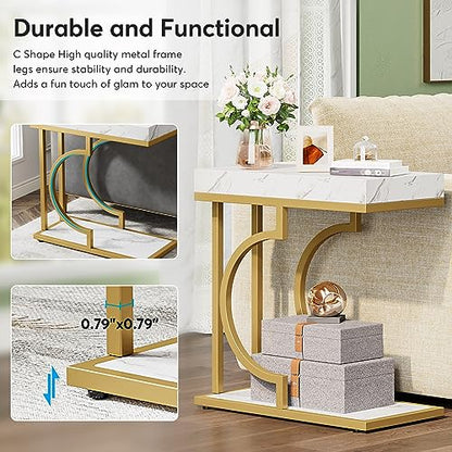 Tribesigns Narrow Side Table Set of 2, C Shaped End Table for Couch, White Gold Modern Bedside Tables with Metal Frame, Small Sofa Tables for Small Spaces, Living Rooms (2, White+Gold) - color: White+gold