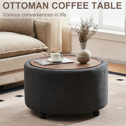 28 Inch Round Storage Ottoman with Wheels Set of 2, Multifunctional Coffee Table Ottoman with Removable Solid Wood Lid, Modern Circle Ottoman Foot Rest for Living Room, Bedroom, Dark Gray - color: Dark Gray