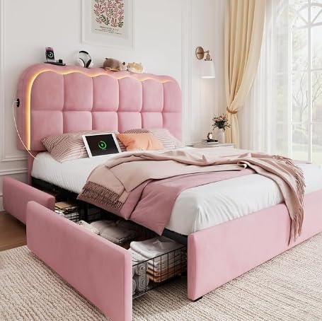 CypBed Full Size Bed Frame with 4 Storage Drawers & Modern Headboard, Pink | Velvet Upholstered Platform Bed Frame with LED Lights & Charing Station , Wood Slats Support, No Box Spring Needed - color: Pink, size: Full