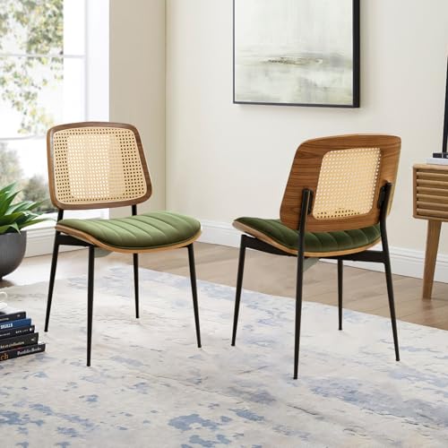 LUNLING Dining Chairs Set of 2 Mid Century Modern Retro Green Velvet Kitchen Chairs with Walnut Bentwood Upholstered Seat Metal Legs Adjustable Foot for Kitchen Dining Room Chairs(Green Fabric) - color: Green3, size: Set of 2