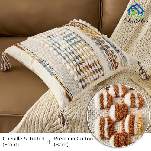 Set of 2 Chenille Striped Tufted Textured Boho Throw Pillow Covers Aesthetic with Tassels Woven Decorative Pillow Case for Couch Bed Sofa Bedroom Modern Funky 18 x 18-Inch Brown White - color: Brown White, size: 18" x 18" (Pack of 2)