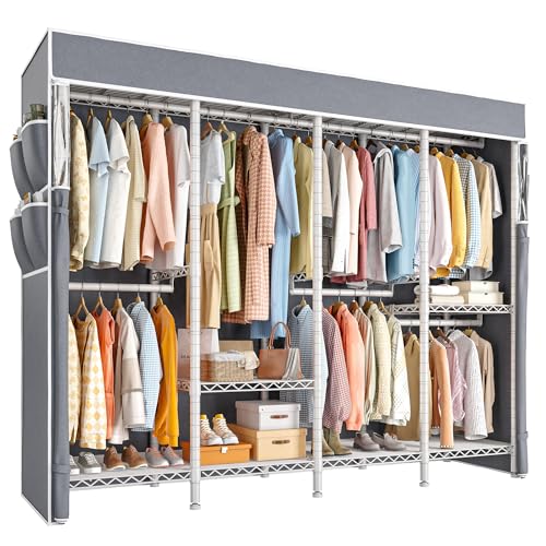 Raybee Heavy Duty Clothes Rack with Cover, 1150lbs Capacity, Adjustable | 76" W Freestanding, Zipper Dust Cover, 5 Rods & 6 Shelves, Tool-Free Assembly, Space-Saving for Closet, Bedroom, White - color: White, style: Clothing Rack with Cover