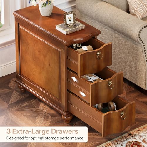 Tribesigns Wood Narrow End Table, Fully Assembled Walnut Nightstand | 3-Drawers Slim Side Table for Bedside, Small Spaces, Living Room, Bedroom, No Assembly Required - color: Walnut Brown
