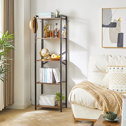 YMYNY Bookshelf, 5-Tier Ladder Shelf Organizer, Narrow Shelving Unit, Corner Storage Racks, Large Capacity Bookcase, for Home Office Living Room Balcony Bathroom, 57.7" H, Metal Frame,UHBC005H - color: Rustic Brown, size: 5 Tiers