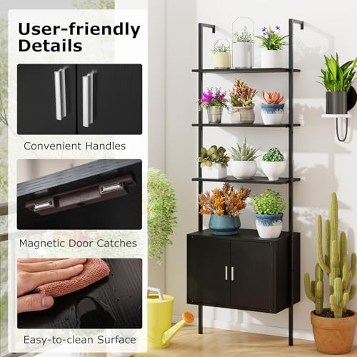 Giantex 72.5" Ladder Bookshelf with Cabinet, 5-Tier Tall Wall-Mounted Shelf w/Storage, Modern Style Kitchen Open Shelving Organizer, Heavy-Duty Metal Frame Display Rack for Living Room,Black - color: Black
