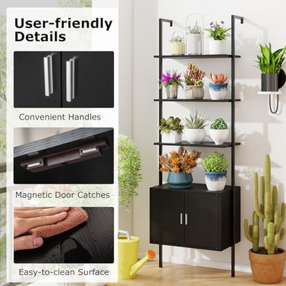 Giantex 72.5" Ladder Bookshelf with Cabinet, 5-Tier Tall Wall-Mounted Shelf w/Storage, Modern Style Kitchen Open Shelving Organizer, Heavy-Duty Metal Frame Display Rack for Living Room,Black - color: Black