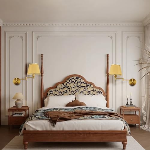 Plug-in Wall Sconce Swing Arm 1-Light Wall Mount Lamp with USB Charging Port Wall Sconce Lighting with Dimmable On Off Switch Gold Fabric Shade Brass Wall Lamp Light Fixture - color: Gold