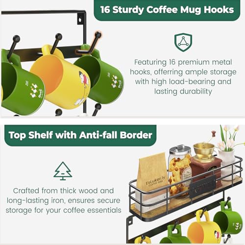 EsLuker.ly Coffee Mug Holder Wall Mounted Display Rack, Black | Metal Cup Hanger Organizer with16 Hooks, Wood Rustic Shelf for Coffee Bar Home Kitchen, Space Saving Wall Storage - style: 16 Hooks with Metal Basket