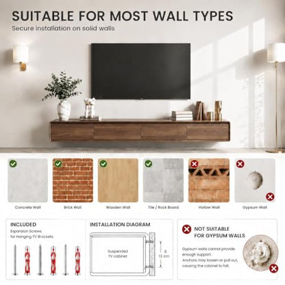 Floating TV Stand, Modern Wall-Mounted Entertainment Center with 1 Flip-Down Cabinet Doors 2 Drawers, Solid Wood Media Console (Walnut, 63") - color: Walnut, size: 63"
