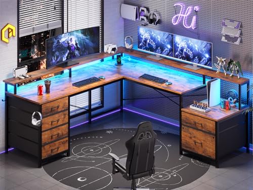 SEDETA L Shaped Computer Desk with 6 Drawer, File Drawer & Power Outlet | 108" Corner Desk with Monitor Shelf, File Cabinet for Home Office/Two Person, Gaming Desk with Led Lights, Rustic Brown - color: Rustic Brown