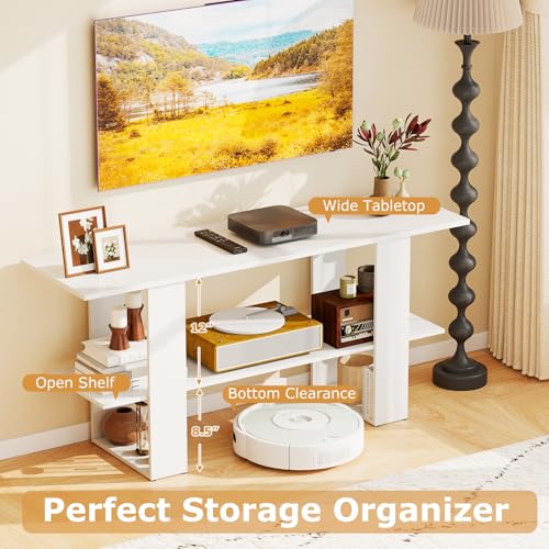 GIANTEX Modern TV Stand for 55 Inch TV, White Entertainment Center with Open Storage Shelf, Wood Media Console Table for Living Room Bedroom Entryway - color: White