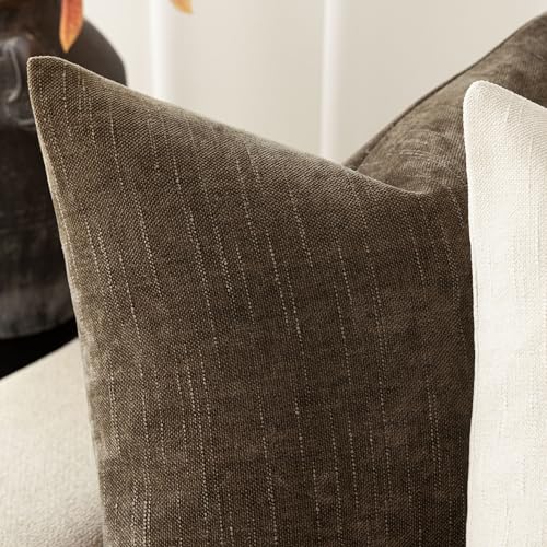 Foindtower Pack of 2 Soft Textured Chenille Throw Decorative Pillow Covers Square Accent Solid Cushion Cover Neutral Farmhouse Pillow Case for Couch Sofa Bedroom Living Room 16x16 Inch,Taupe Brown - color: Toffee, size: 16" x 16" (Pack of 2)