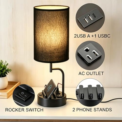 Dreamholder 2 Pack Table Lamp, Bedside Lamp with 3 USB Charging Ports & AC Outlet, USB Desk Lamp with 2 Phone Holders, Linen Fabric Shade Nightstand Lamps for Bedroom Living Room Office, Black Shade - color: Black Shade