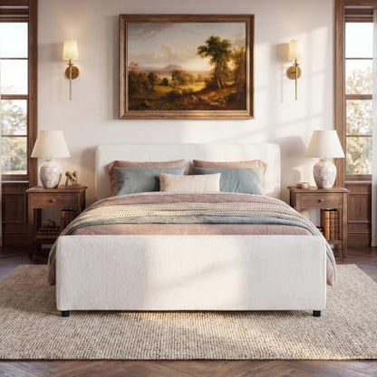 Merax Queen Size Luxury Bouclé Upholstered Bed Frame, White | Modern Curved Platform Bed with Rounded Headboard & Footboard, No Box Spring Needed, Solid Wood Slats Support, Easy Assembly - size: Queen