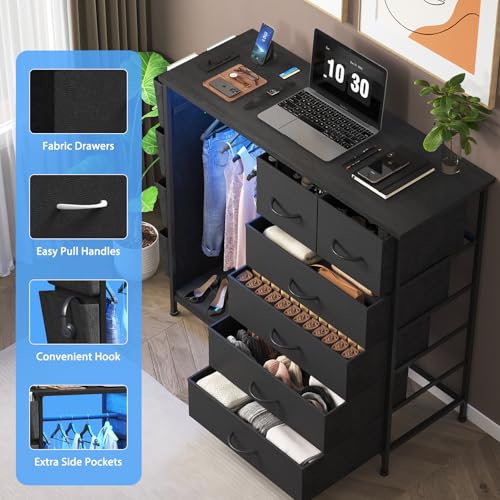 6 Drawer Dresser for Bedroom with Clothes Rack, Clothes Dresser with Side Pockets and Hooks, Charging Station & LED Lights, Wooden Top, Fabric Storage (Black) - color: Black