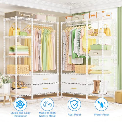 F3 Heavy Duty Clothes Rack（With Fabric Drawers）Freestanding Clothing Racks for Hanging Clothes，Adjustable Closet Organizer System，Portable Garment Rack 40" W x 15" D x 72" H，Max Load 700LBS，White - color: White, style: Freestanding