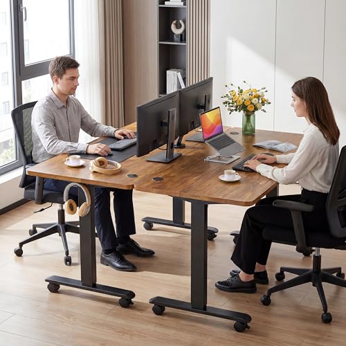 Electric Standing Desk with Wheels, 63'' x 24'' Standing Desk Adjustable Height with Charging Station, 2 USB Ports, 3 Power Outlets, 4 Caster, 27''-46'' Lifting Range Stand up Desk(Brown) - color: Brown, size: 63 x 24''