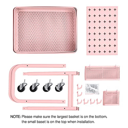 TOOLF 3-Tier Rolling Cart, Metal Utility Storage Cart with DIY Pegboards, Art Craft Trolley with Baskets Hooks, Organizer Serving Cart Easy Assemble for Office, Home, Kitchen, Classroom (Pink) - color: Pink