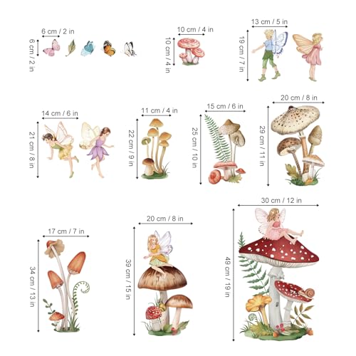 wondever Woodland Mushroom Wall Decals Fairy Butterfly Forest Peel and Stick Wall Art Stickers for Girls Bedroom Baby Nursery Living Room