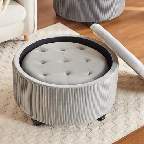 29'' & 24.5'' Round Storage Ottoman Coffee Table Set of 2, Light Gray | Ottoman with Storage, Removable Lid, Upholstered Footrest Stool for Living Room Bedroom, Easy Assembly, Velvet Ottomans - color: Large-light Grey