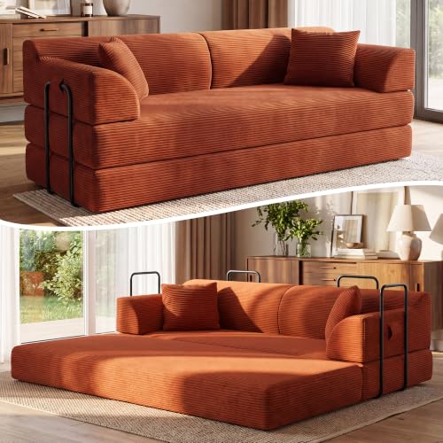 79" Convertible Sofa Bed, Boneless Couch for Living Room (Dark Orange) | Corduroy Boneless Loveseat Sleeper Sofa, Modular Futon Couch with 2 pillow, Pull Out Couch No Assembly - color: Dark Orange, size: 79"Convertible Sofa Bed