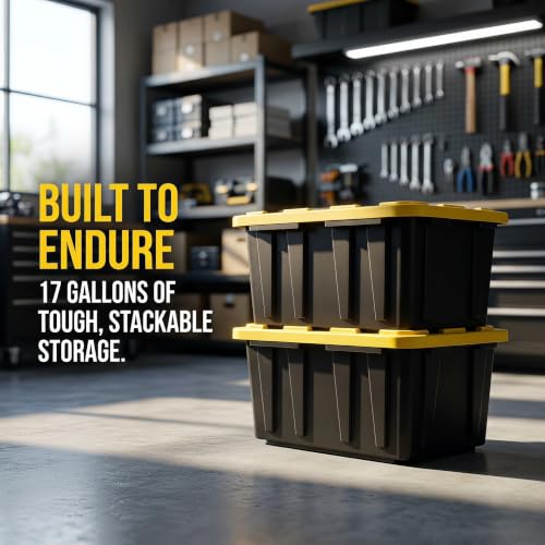 4 Pack 17 Gallon Stackable Storage Bins with Lockable Lids, Black & Yellow | Heavy-duty plastic, stackable & nestable, lock-compatible lid, garage/home/office/moving use, 26.3"x17.8"x12.3" each