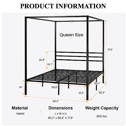 SHA CERLIN Queen Size Canopy Bed Frame with Heavy Duty Metal Slats, Black | Modern Minimalist Design Four-Poster, Under-Bed Storage Space, Mattress Foundation, No Box Spring Needed, Easy Assembly - color: Black, size: Queen