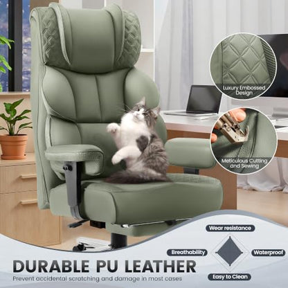 BestGlory Office Desk Chair, Big and Tall Leather Gaming Chair with Footrest, Wide Ergonomic Comfy Executive High-Back Reclining Computer Chairs, Swivel Rolling Wheels and Padded Lumbar Support, Green - color: Green, style: 3 Position Reclining