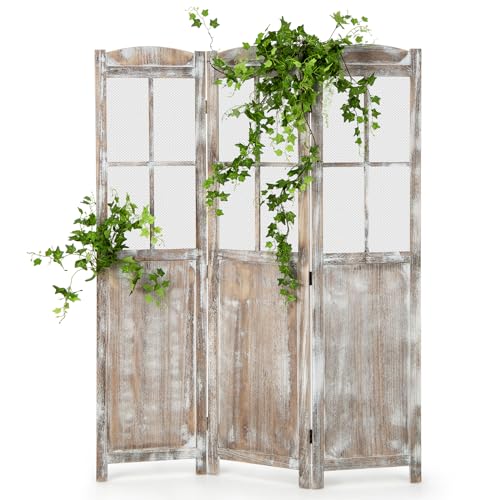 GOFLAME 3-Panel Folding Room Divider, 6FT Paulownia Wood Privacy Screen with Mesh Window, Natural Rustic Freestanding Wall Divider Partition for Room Separation, No Assembly Required