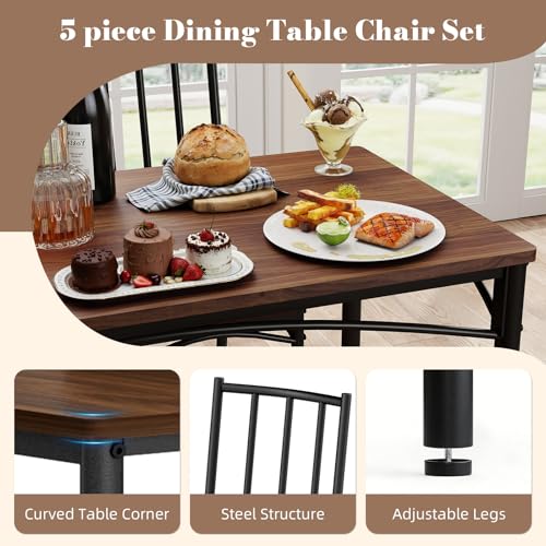 5-Piece Dining Table Set with 4 Chairs & Adjustable Feet, Upholstered Seats Kitchen Table and Chairs Set of 4, Space-Saving Design for Small Apartments and Dining Rooms, Walnut - color: Walnut, size: 5-piece