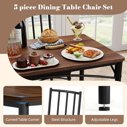5-Piece Dining Table Set with 4 Chairs & Adjustable Feet, Upholstered Seats Kitchen Table and Chairs Set of 4, Space-Saving Design for Small Apartments and Dining Rooms, Walnut - color: Walnut, size: 5-piece