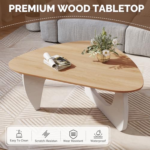 Modern Wood Coffee Table, Triangle Center Table with Premium Wooden Top& Unique Base, 35.5” Small Mid Century Tea Tables for Living Room, Apartment, Office,Natural Wood &White - color: Natural Wood &White, size: Medium 35.5*25.5*15.7in