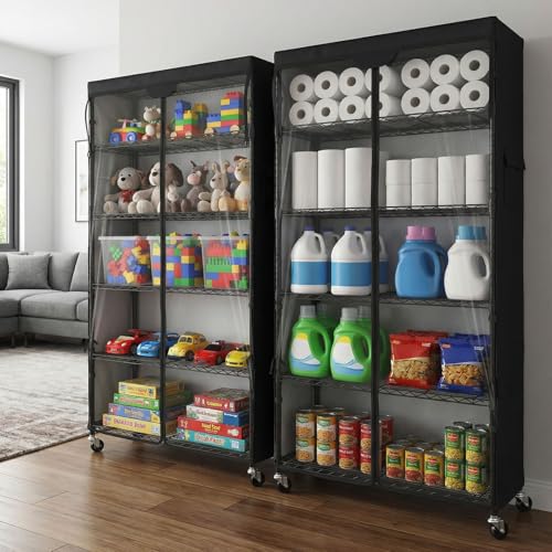 Wire Shelf Rack with 600D Oxford Cover & Wheels, 30"W x 14"D x 72"H | 6-Tier Wire Shelving with Wheels and Waterproof & Dustproof Shelf Cover, for Kitchen, Pantry & Laundry Room - size: 6-Shelf 30"W x 14"D x 72"H W/Cover