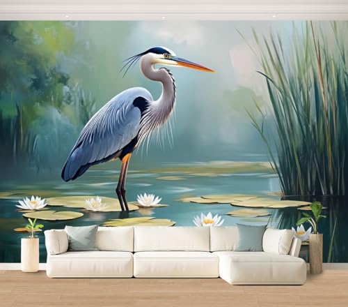 Wall Mural Bird Blue Heron Pond Natural Water Lilies Rippling Reeds Serene Peel & Stick Wallpaper Removable Self-Adhesive Large Wall Sticker Wall Decor for Bedroom Living Room Nursery 100"x144" - color: Multi6, size: 100"x144"