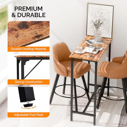 VINGLI 43 Inch Counter Height Bar Table Set with 2 Bar Stools, Wood Narrow Long Pub Table Set, Compact Bar Table for Kitchen/Dining Room/Sofa, Brown - color: Brown, size: 43"L