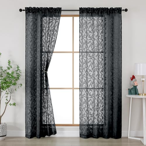 Gwine Black Curtains 84 Inches Long 2 Panels Set, Light Filtering Soft Lightweight Sheer Curtains, Leaf Clip Jacquard Textured Curtain for Bedroom Living Room, 42Wx84L Inches, 2PCS - color: Black, size: 42"W x 84"L (Pack of 2)