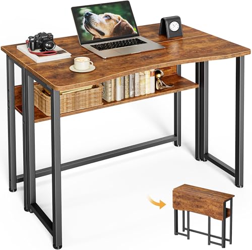 Huuger Folding Desk with Storage Shelf, 31.5 Inch Foldable Computer Table | Writing Work Office Computer Desk for Small Spaces, Space Saving Sofa Table for Couch, Easy to Fold, Rustic Brown - color: Rustic Brown, size: 18.5"D x 31.5"W