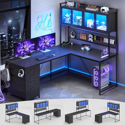 SEDETA L Shaped Gaming Corner Desk with Drawers, Hutch and Storage Shelves | Reversible Computer Desk, Gaming Desk with Pegboard, Led Lights, and Power Outlet for Home Office, Small Space, Black - color: Black