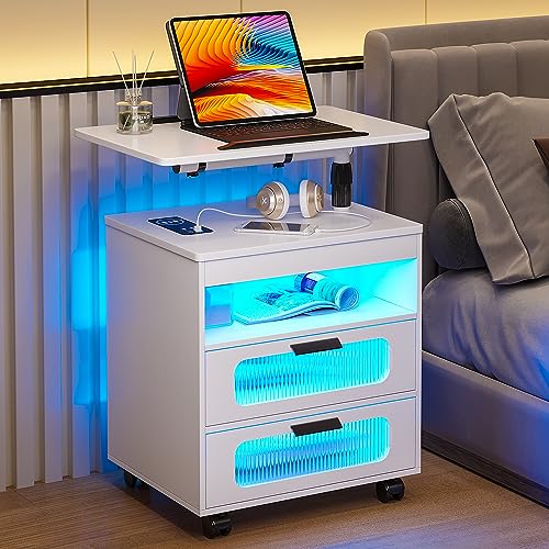 HNEBC Nightstand with Wireless Charging Station, LED Nightstand Has Adjustable Rotary Workstation,Smart Night Stand with 2 Drawers,Modern Bedside Table for Bedroom, Sensor Light/Wheel (White) - color: 9603-1-white