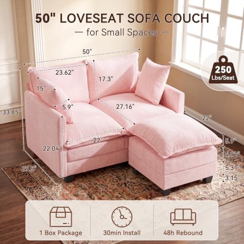 50" Love Seat with Ottoman, Small L Shape Cloud Sofa Couch, 2-Layer Cushion & 27" Deep Seat, 2 Pillows for Small Spaces, Bedroom, Apartment, Office, Living Room, Pink - color: Pink, size: Loveseat with Ottoman