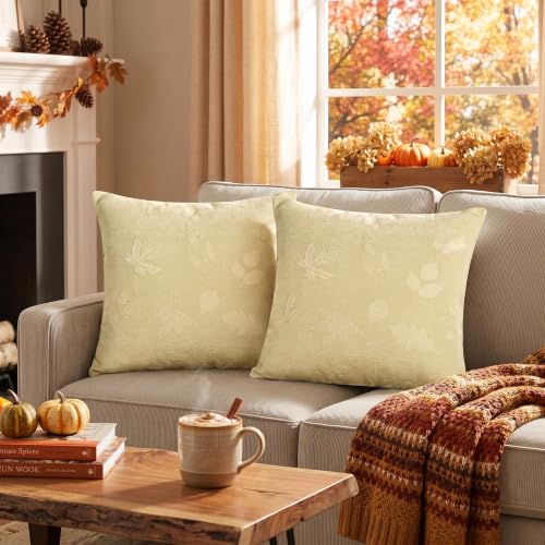 AVOIN colorlife Beige Jacquard Decorative Throw Pillow Covers Set of 2, 18 x 18 Inch Maple Leaf Woven Textured Cushion Case Home Decor for Couch Sofa Bed - color: Beige