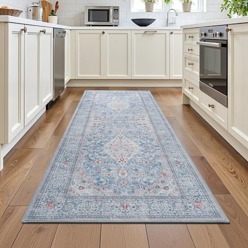 Blue Washable Vintage Runner Rug, 2x6 Boho Bedroom Area Rugs, Soft Non Slip Floral Entryway Carpet Runners, Indoor Low Pile Carpets for Kitchen Hallway Bedside - color: Blue, size: 2' x 6' (Rectangular)